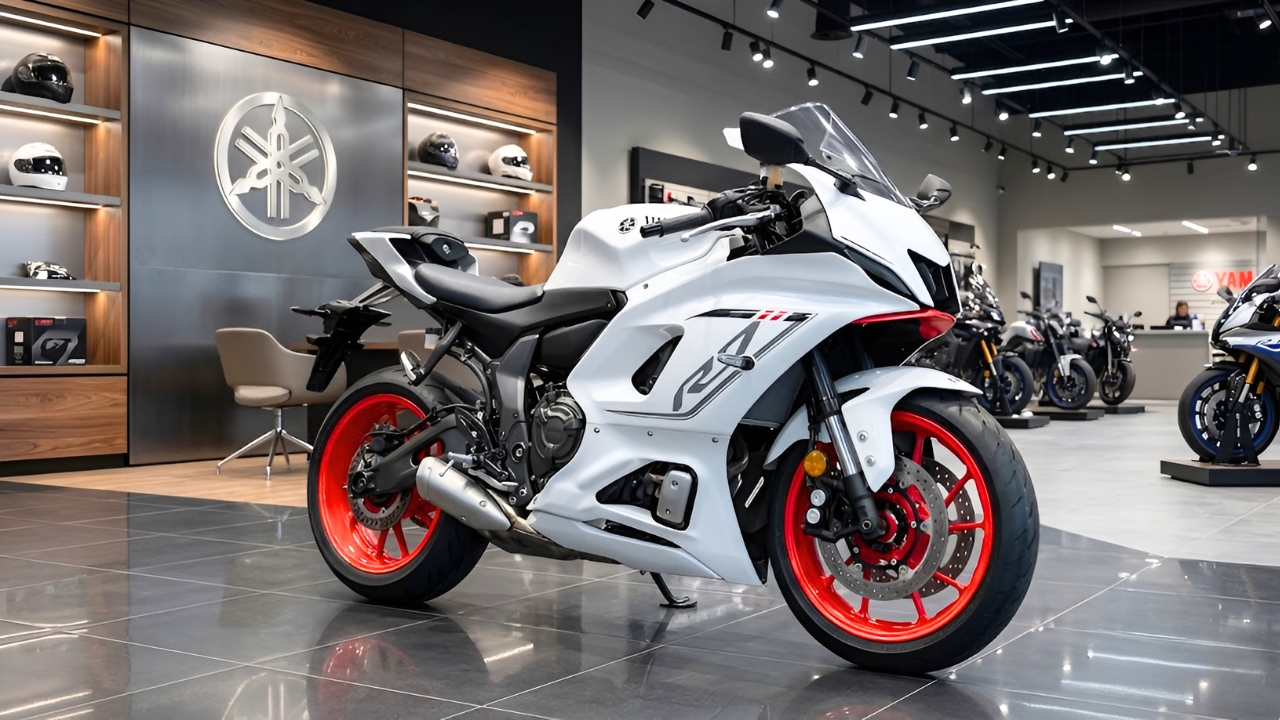 2026 Yamaha YZF-R7: Moto Deportiva Blanca con Ruedas Rojas