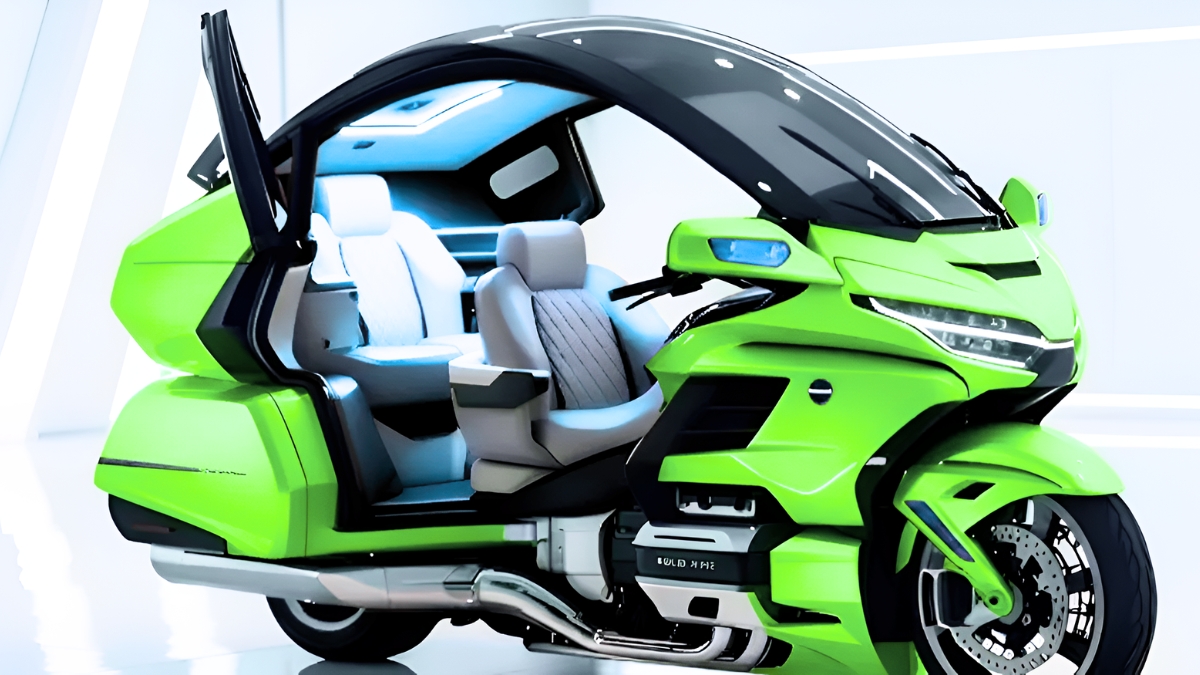 Honda Gold Wing Futurista con Cabina Cerrada: Motocicleta Touring Innovadora con Techo Integrado y Máximo Confort para Viajes Largos